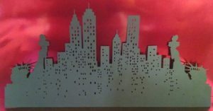 Extra large New York skyline bordered by Statue of Liberty
